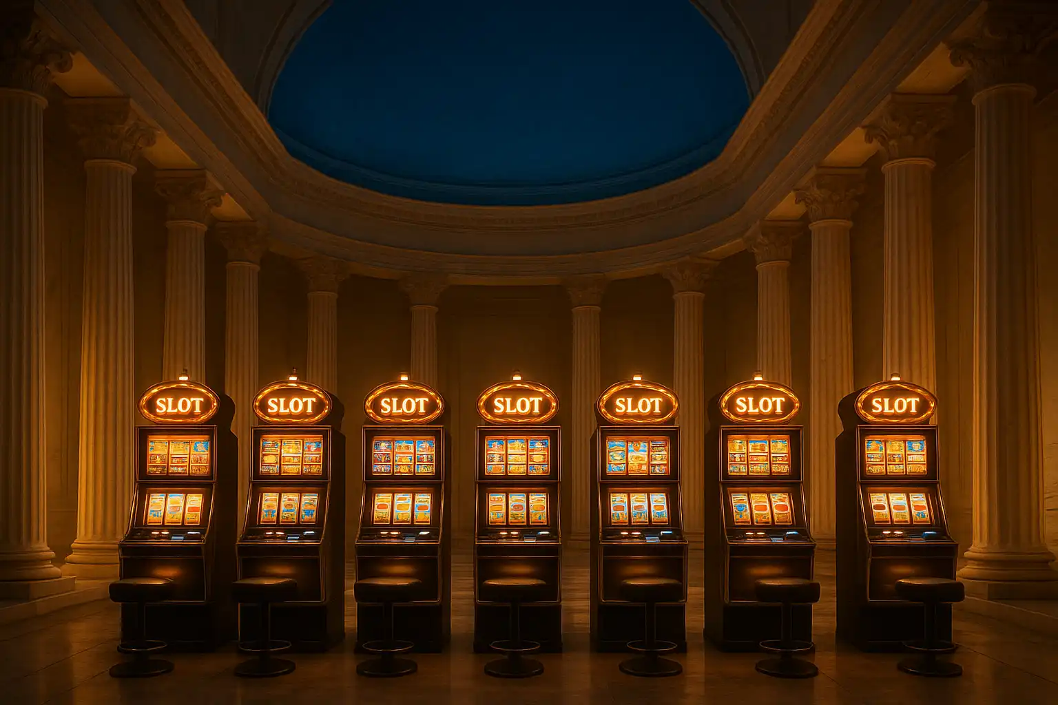 Σειρά από πολυτελείς slot μηχανές μέσα σε μαρμάρινο ναό με θέα το Αιγαίο