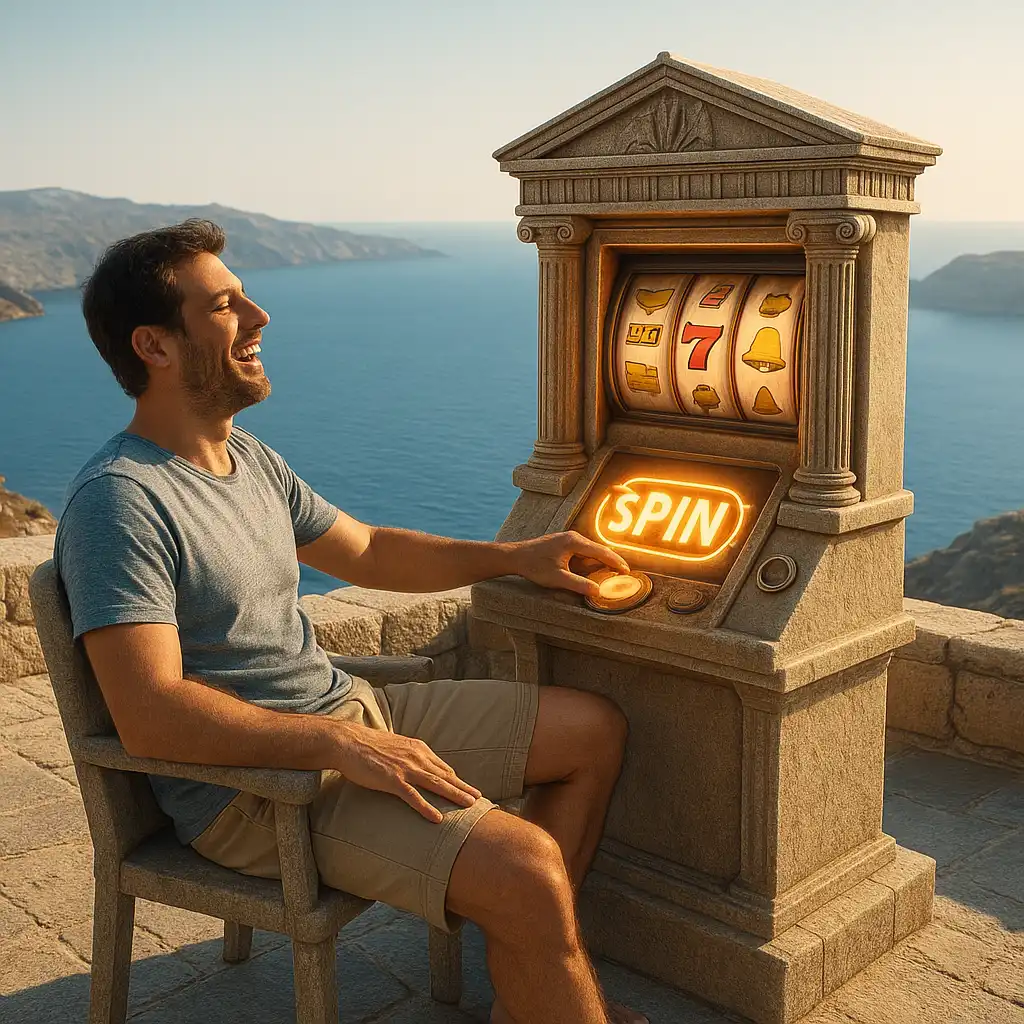 Παίκτης απολαμβάνει slot μηχανή με θέα το Αιγαίο